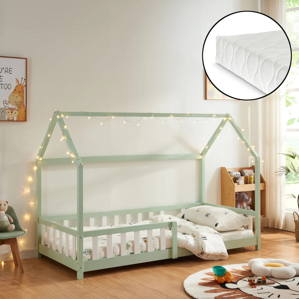 Letto Singolo Hesel per Cameretta Forma di Casetta con Materasso 90 x 200 cm Menta Verde [en.casa]