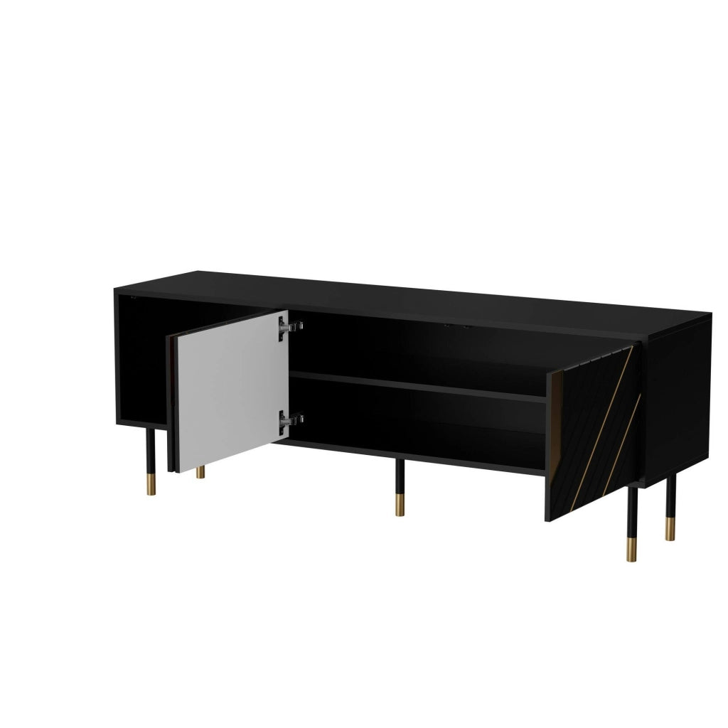 Mobile porta TV Perito, Madia da salotto con tre ante battenti e due vani interni, Rialzato da terra, 154x40 h55 cm, Nero e Oro