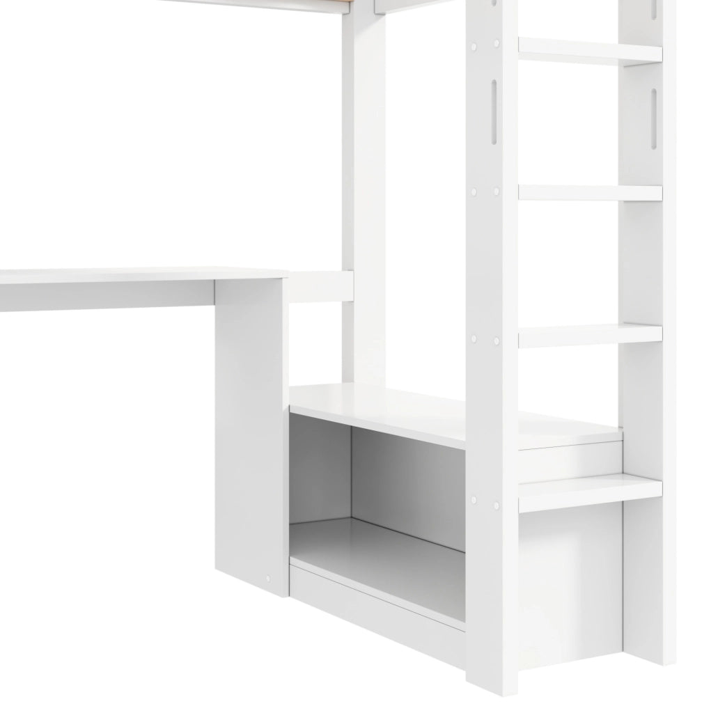 Letto a soppalco 90x200 cm con scrivania, armadio e LED in legno di pino e MDF bianco