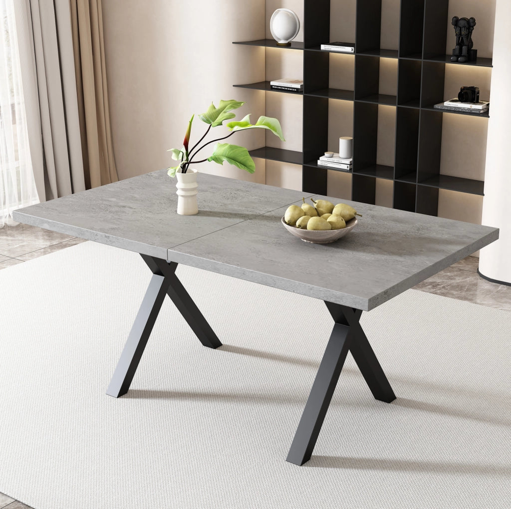 Tavolo moderno con gambe incrociate in MDF e metallo; effetto cemento grigio e nero