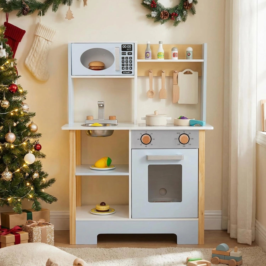Cucina Giocattolo in Legno per Bambini, Set Cucina Gioco con Lavagna e Accessori Completi, Gioco di Finzione per Bambini 3+ Anni, 61,5 x 26 x 85 cm