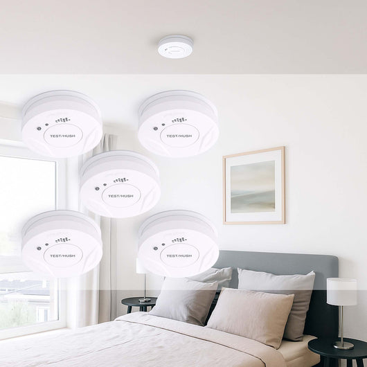 Set 5x Rilevatore di fumo con batteria fissa da 3 V, 10 anni senza manutenzione, allarme antincendio con funzione HUSH, sensore antifumo fotoelettrico affidabile con potenza sonora di 85 dB