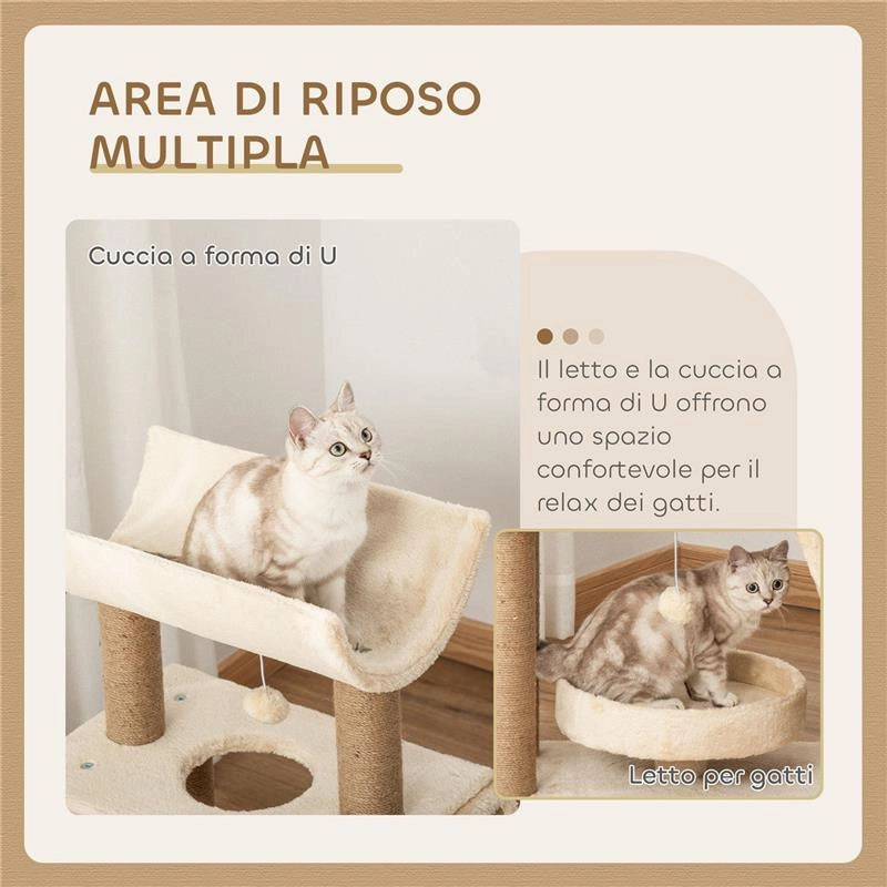 ALBERO TIRAGRAFFI PER GATTI CON LETTINO, CUCCIA E TAPPETINO, IN LEGNO, PELUCHE E SISAL, 60X30X76 CM, MARRONE CHIARO