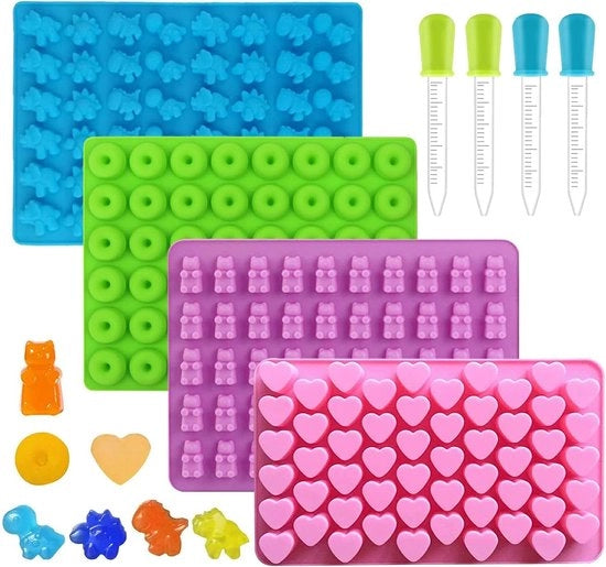 Set di 4 forme per caramelle in silicone, ciotole per ghiaccio, forme per caramelle in silicone per cioccolato, gelato, gommosette, con 4 siringhe (colore casuale)