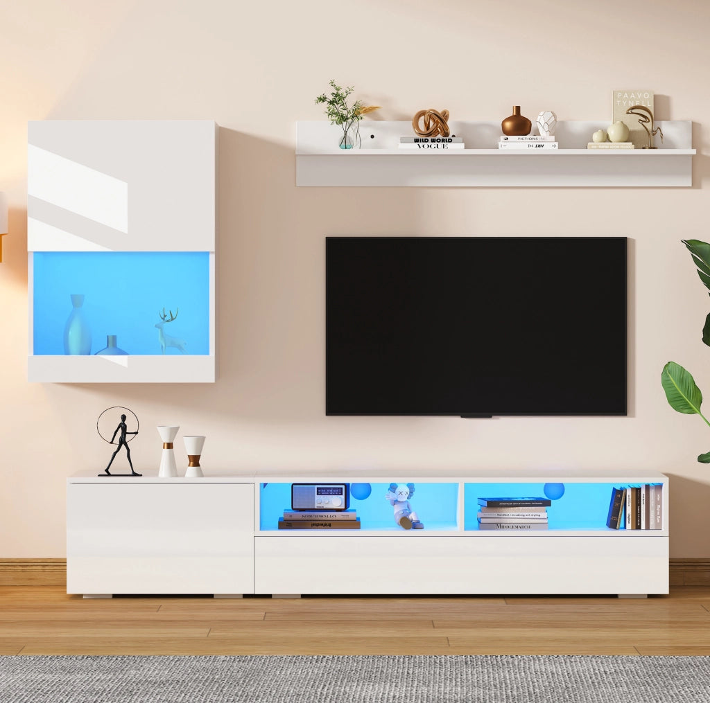 Parete attrezzata TV bianca 3 pezzi con LED, mobili TV 175 cm