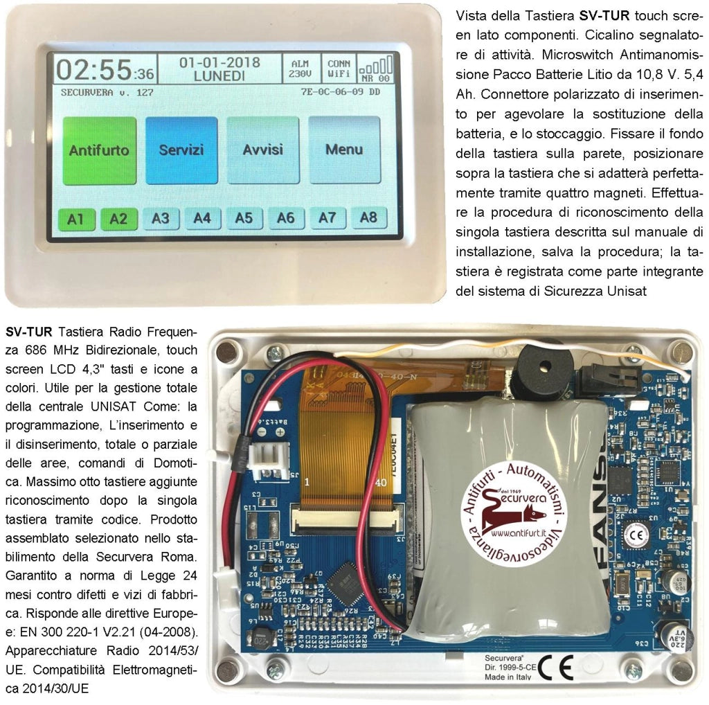 Tastiera Radio Frequenza 868 MHz Bidirezionale Monitor Touch Screen LCD 4,3 Pollici a Colori Optional Per la Centrale Unisat Max 8 Stesse Icone e Gestione Delle APP Comandi Domotica Fissaggio a Parete