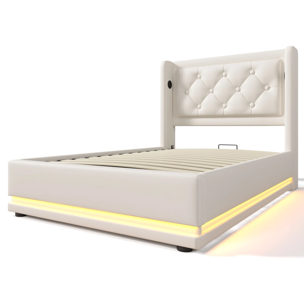 Letto singolo imbottito con contenitore 90x200 cm in PU bianco; LED e USB Type-C
