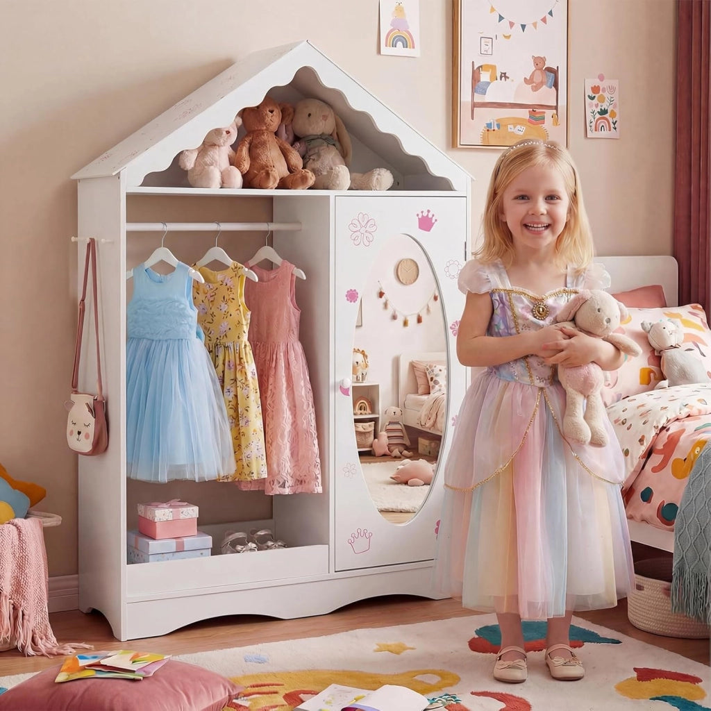 Armadio con Specchio per Bambini, Guardaroba Coperto con Appendiabiti Aperto, Scaffali e Ganci, Armadio e Organizzatore di Costumi per Camera da Letto e Stanza dei Giochi (Bianco)