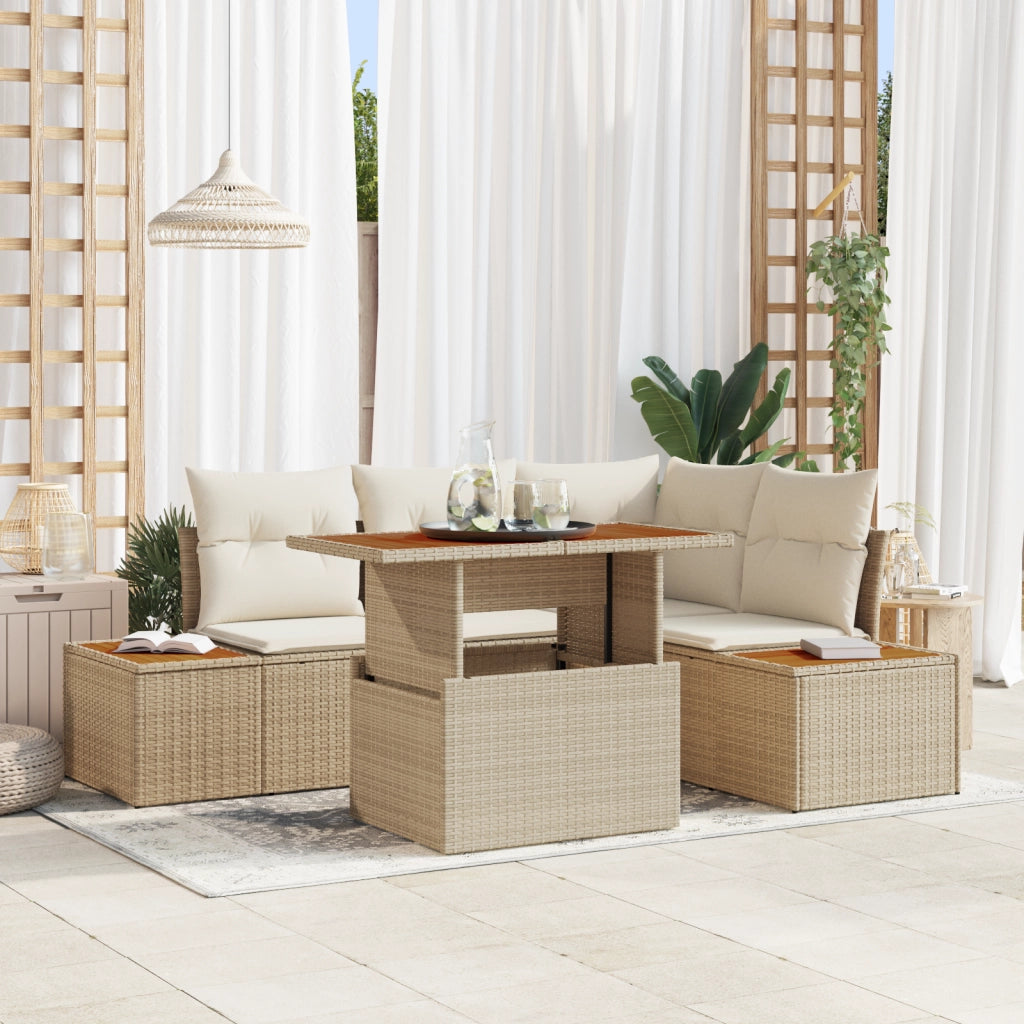 Set da Pranzo Giardino 5 Pezzi con Cuscini Beige in Polyrattan e Acacia