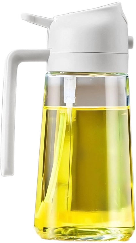 Dispensatore e versatore di olio da cucina 2 in 1, 470ml, per cucina, air fryer, insalata, barbecue - Bianco