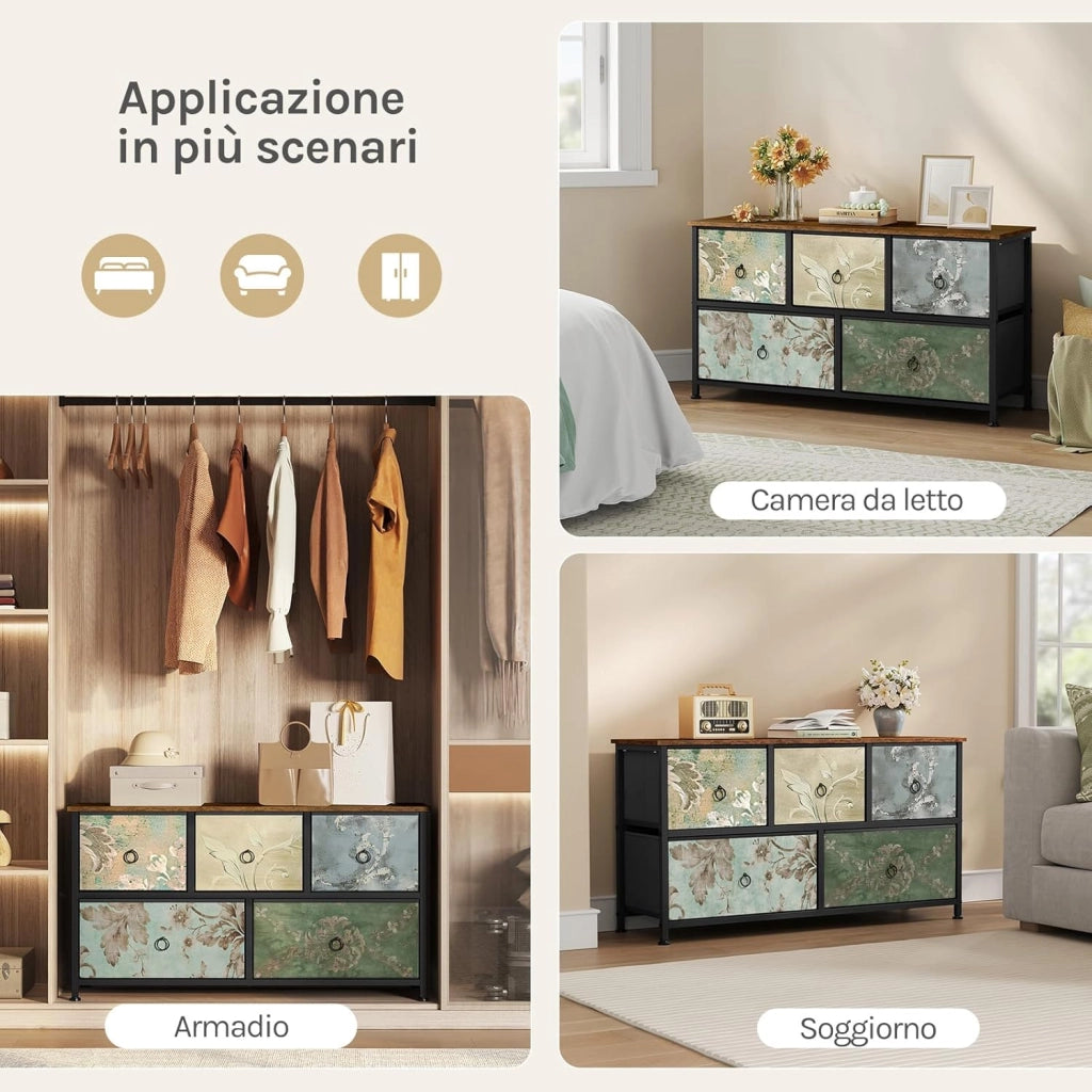 Cassettiera, 5 Cassetti per Camera da Letto/Corridoio/Soggiorno, Marrone Rustico e Nero con Motivo Fiore retrò, Struttura in Metallo, 100x30x54cm, SSK005pw