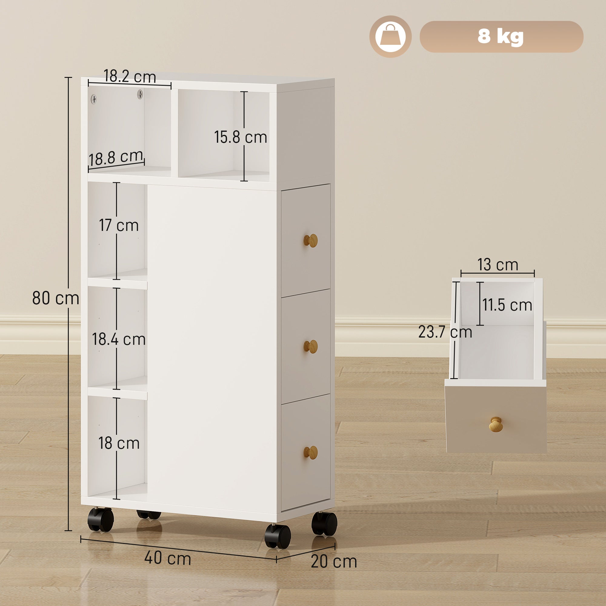 Mobiletto Bagno Salvaspazio 20x40x80 cm con Ruote 3 Cassetti e 5 Vani con Ripiani Regolabili Bianco