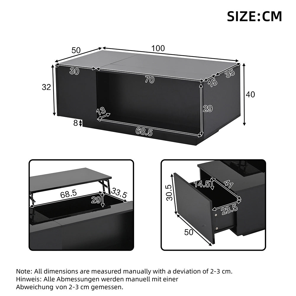 Tavolino-Xylo-100x50x40cm nero regolabile LED con tiroir