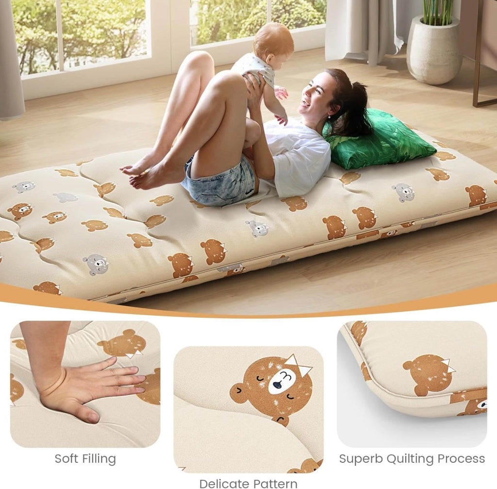 Materasso da pavimento Futon Giapponese, Tappetino Tatami Pieghevole e Portatile, Materasso Pieghevole con Borsa da Trasporto e Fodera Rimovibile (Beige+Orso, 90 x 200 cm)