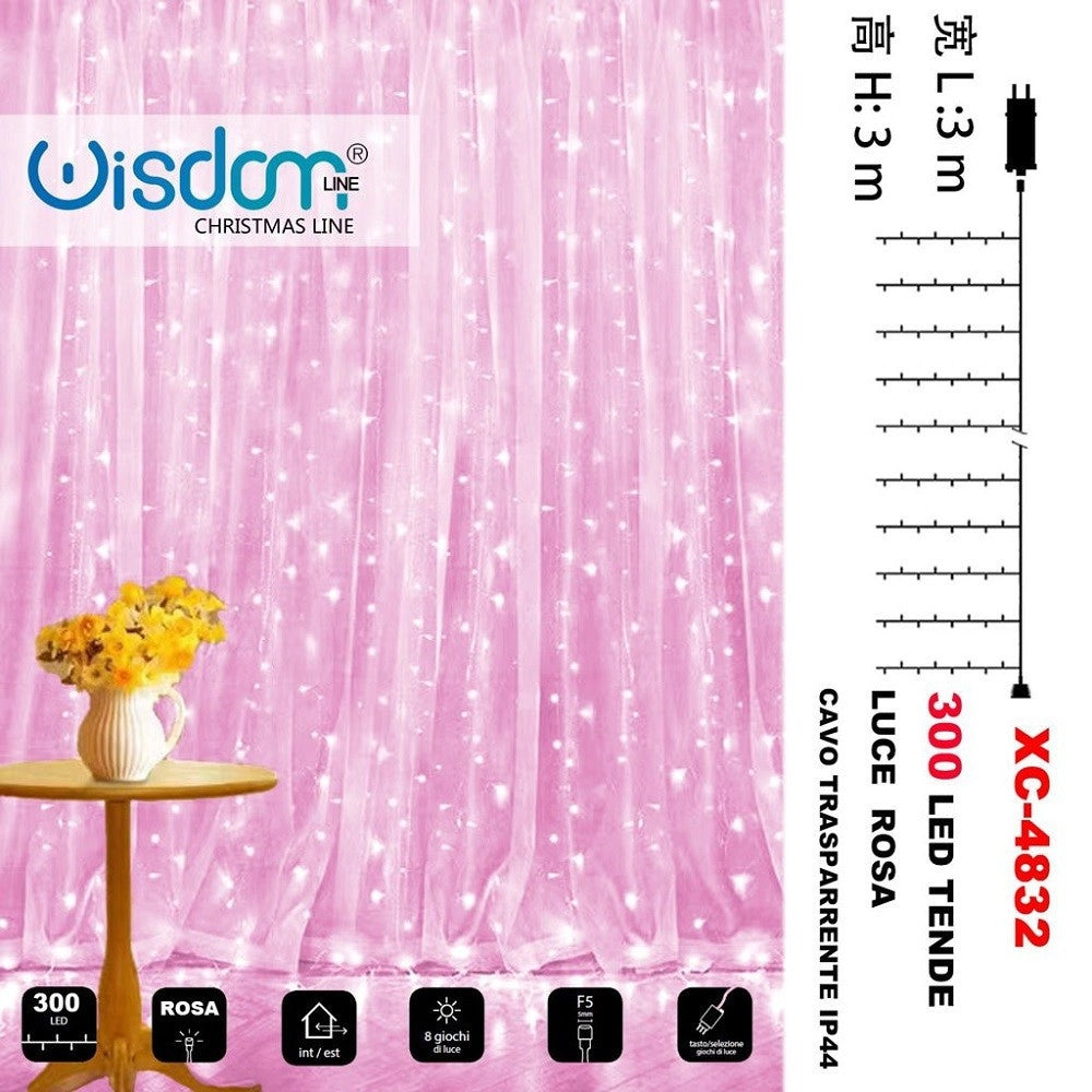 Trade Shop - Tenda Luminosa Natalizia 300led Luce Rosa Cavo Trasparente 8 Giochi Luce Xc-4832 -