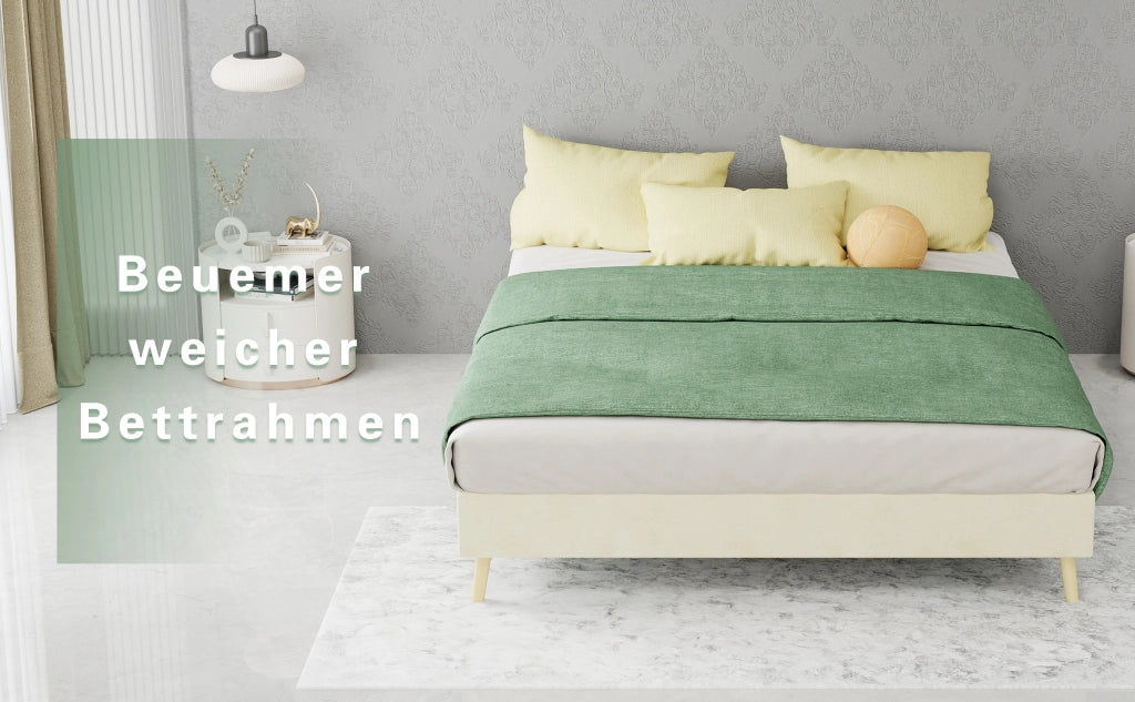 DESMIU Letto 140 × 200 cm 2 posti in tessuto, metallo e pannelli, senza materasso, beige