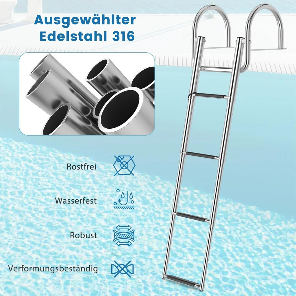 Scaletta da piscina pieghevole, 4 gradini, in acciaio inox, telescopica, con corrimano e gradini antiscivolo, scala in acciaio inox fino a 227 kg, portata posteriore