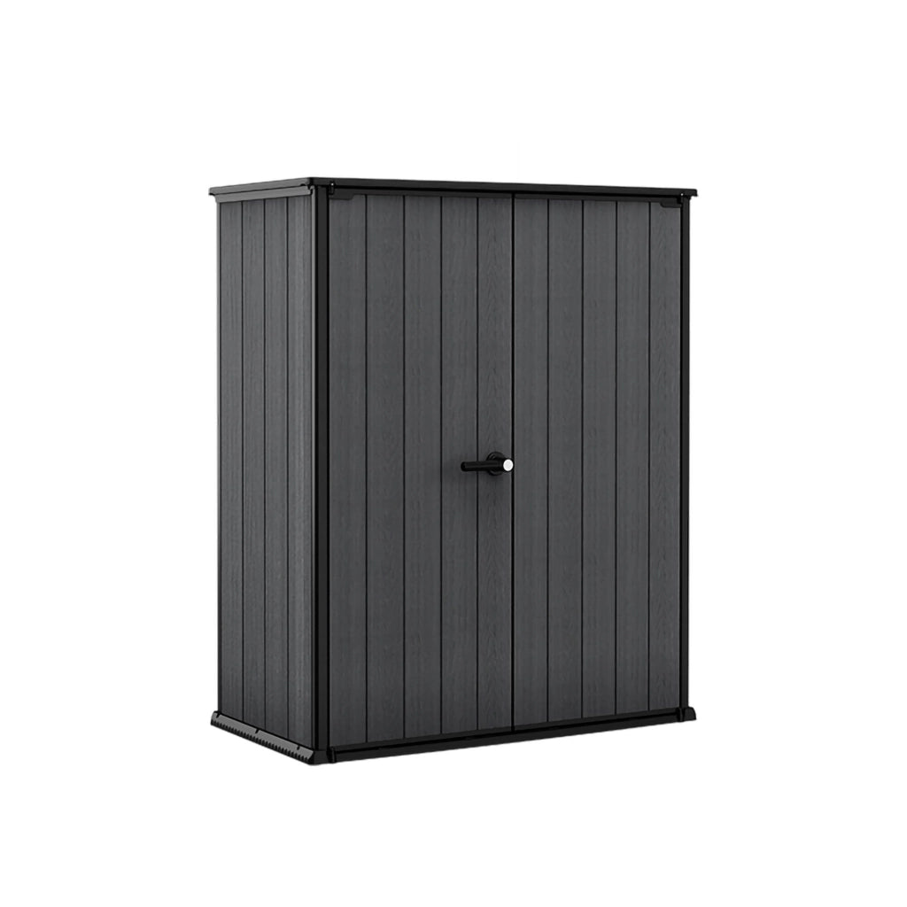 Armadio da esterno Jasper, Mobile outdoor, Mobiletto giardino multiuso, Contenitore per balcone o garage, 140x74 h170 cm, Grigio scuro