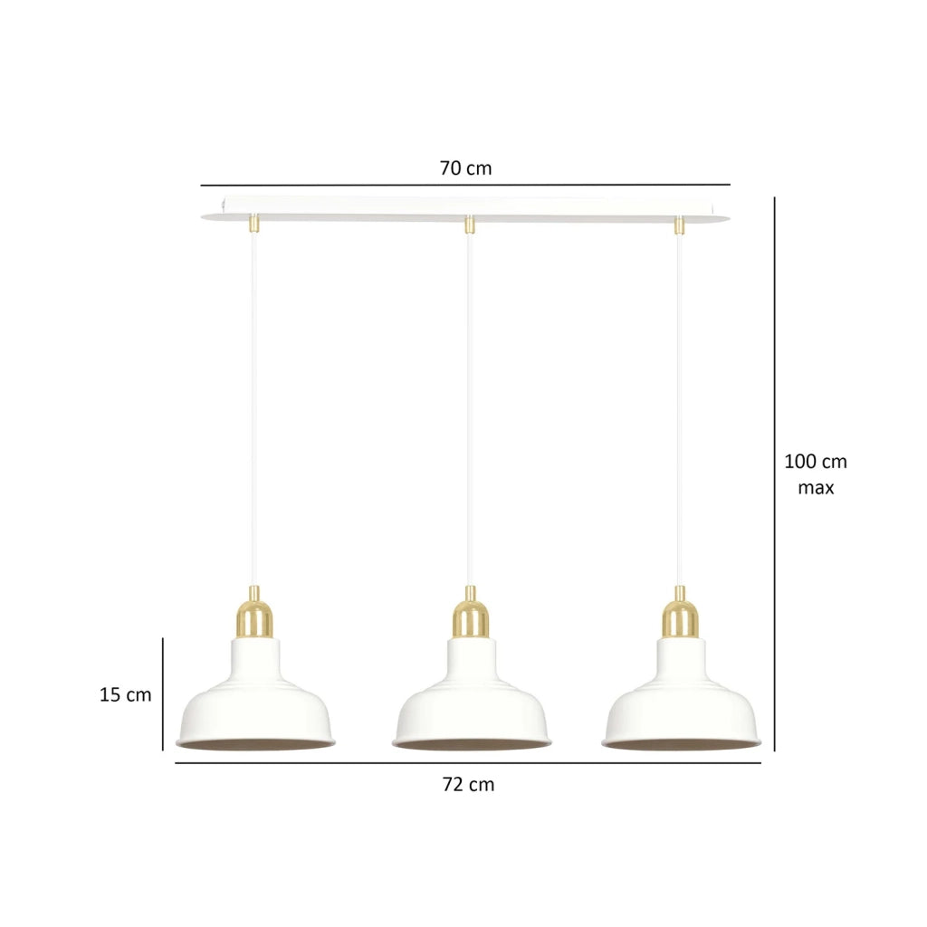 Lampadario Industrial 3 Luci Kubera In Acciaio Bianco Con Elementi In Oro