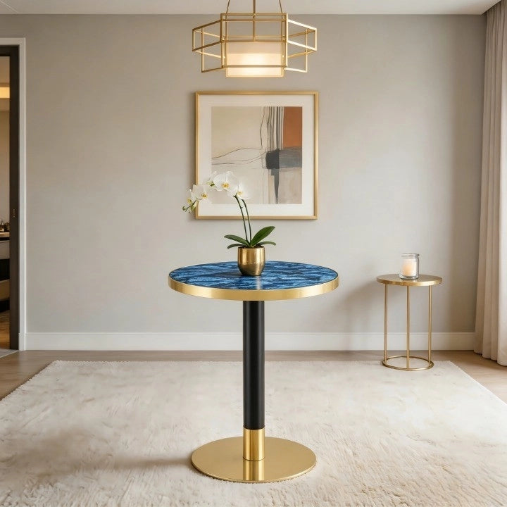 Tavolo da pranzo - rotondo moderno - effetto marmo - bordo oro - base nera/oro - versatile