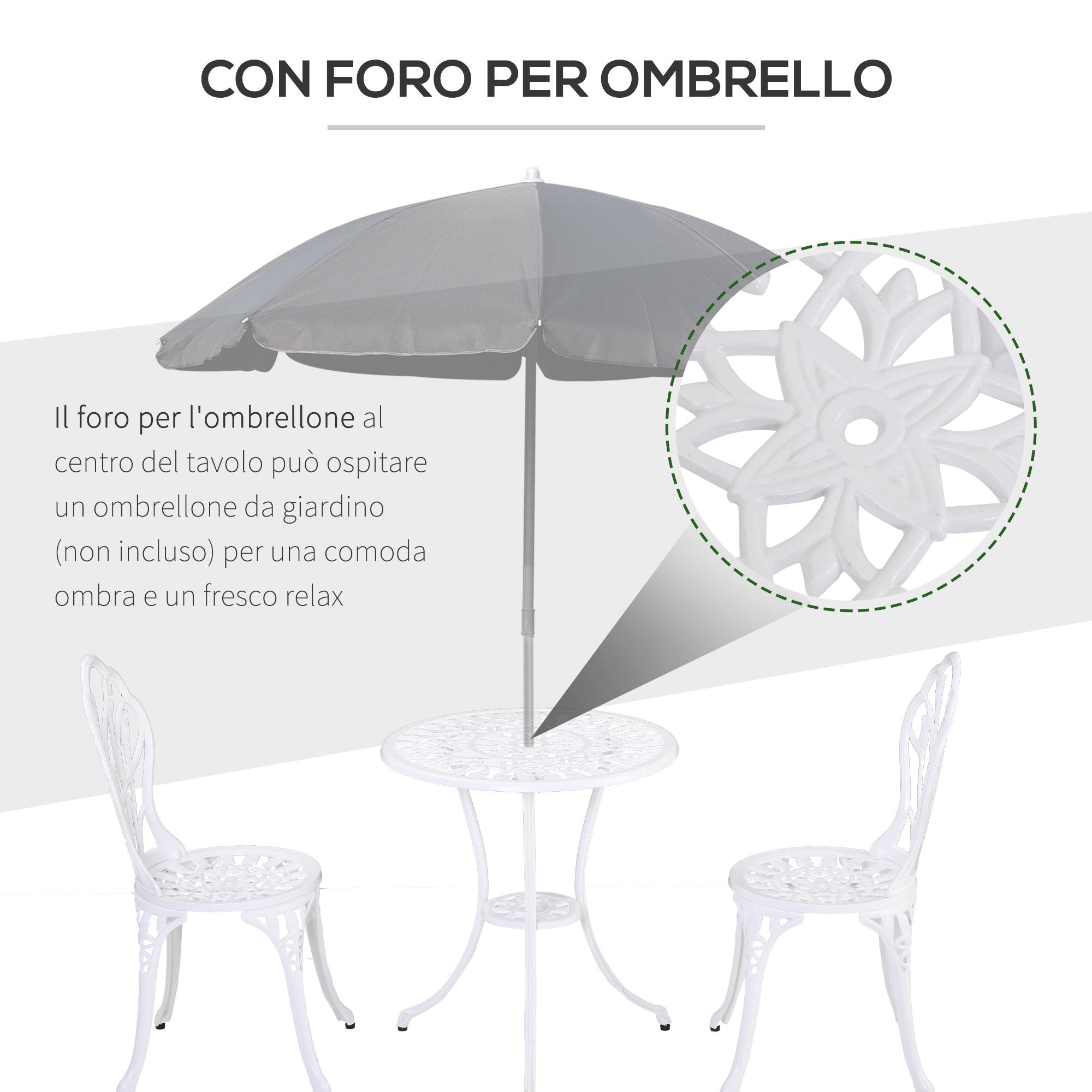 Set Tavolino e 2 Sedie da Giardino in Alluminio Bianco