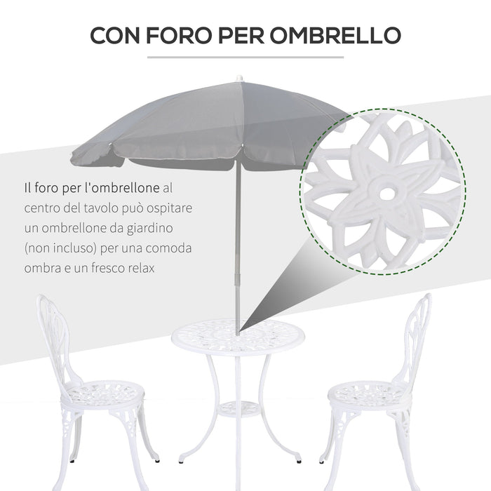 Set Tavolino e 2 Sedie da Giardino in Alluminio Bianco