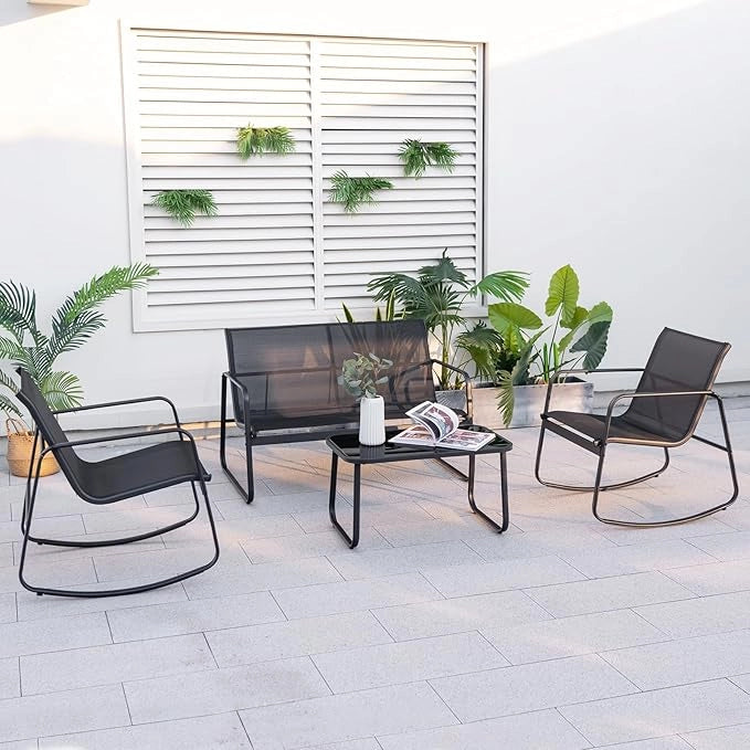 Set da Giardino 4 Pezzi in Tessuto Textilene, Set da Bistrò da Patio, Set tavolo e sedie con Tavolino in Vetro, 2 Sedie e Divanetto a Dondolo, per Giardino Coltile (Nero)