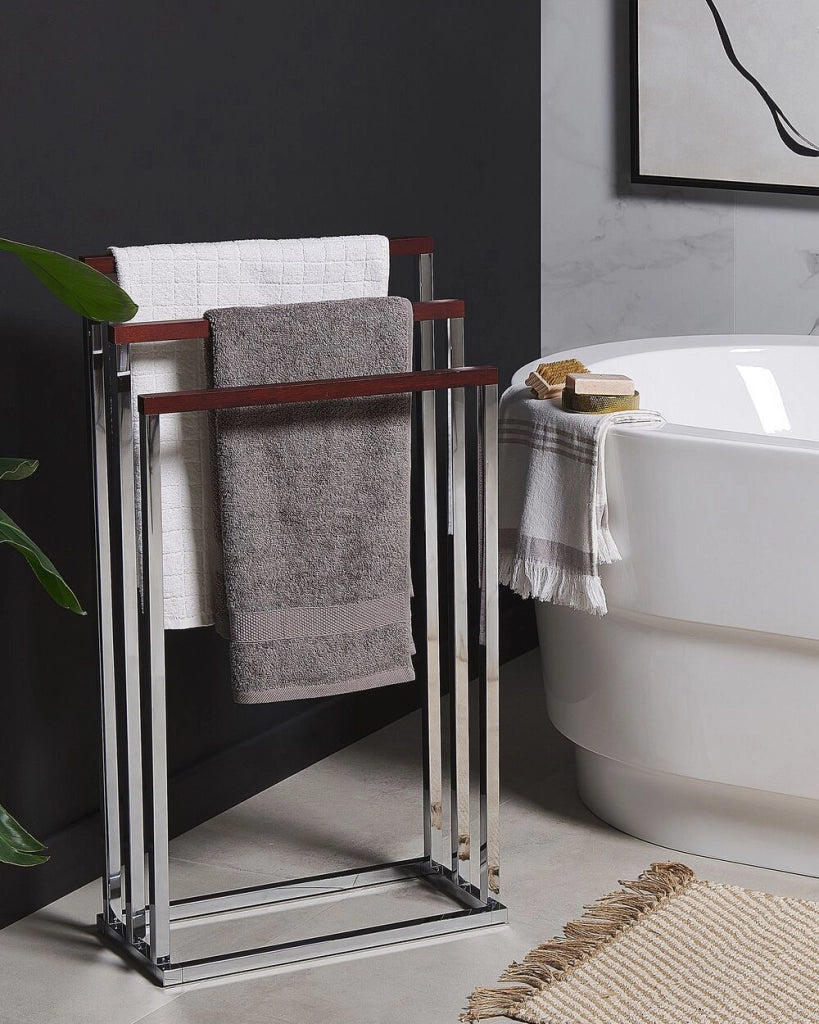 Porta Asciugamani Argento Lucido e Legno Scuro Acciaio 3 Binari Accessori Bagno Portasciugamani da Terra Design Moderno