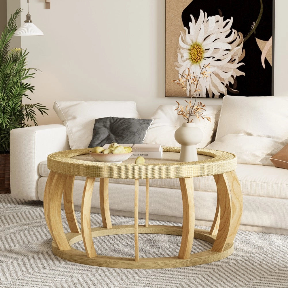 Tavolino da Caff¨¨ Rotondo in Legno Massello e Rattan ¨C MINIMAL ¨C Naturale, Gambe Curve