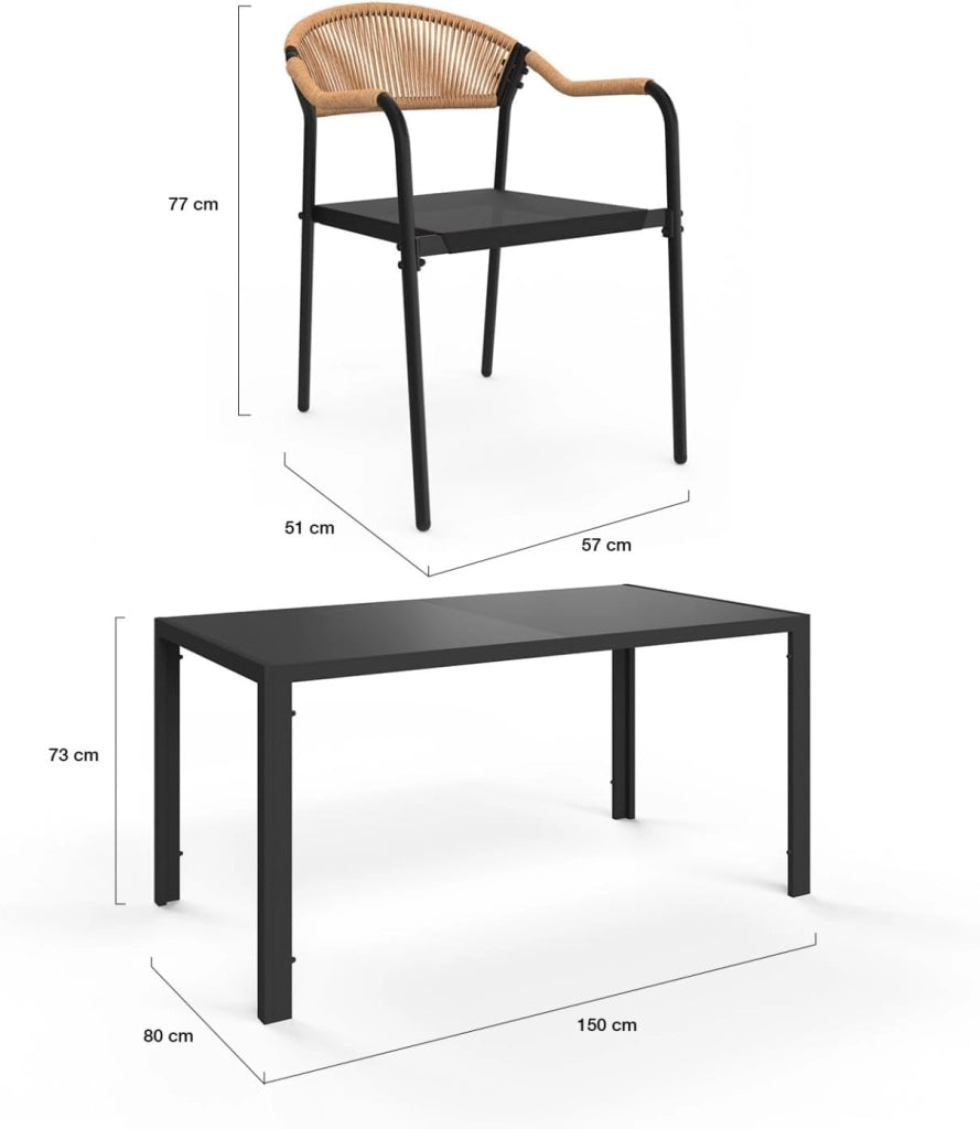 Set di mobili da Giardino Madeira Tavolo 150 cm e 6 sedie in Corda e textilene Nero e Rattan Chiaro