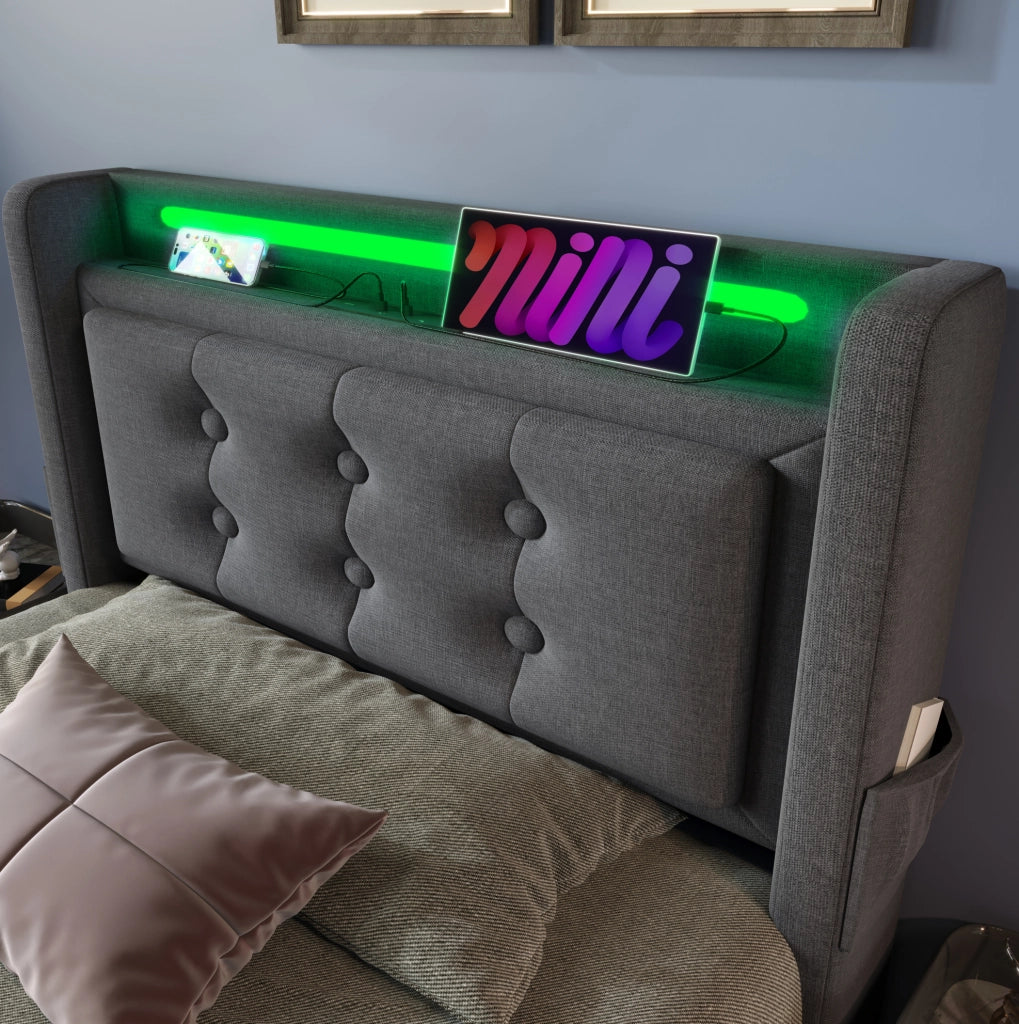 Letto singolo 90x200 cm imbottito in cotone e lino con LED; USB e contenitore; grigio