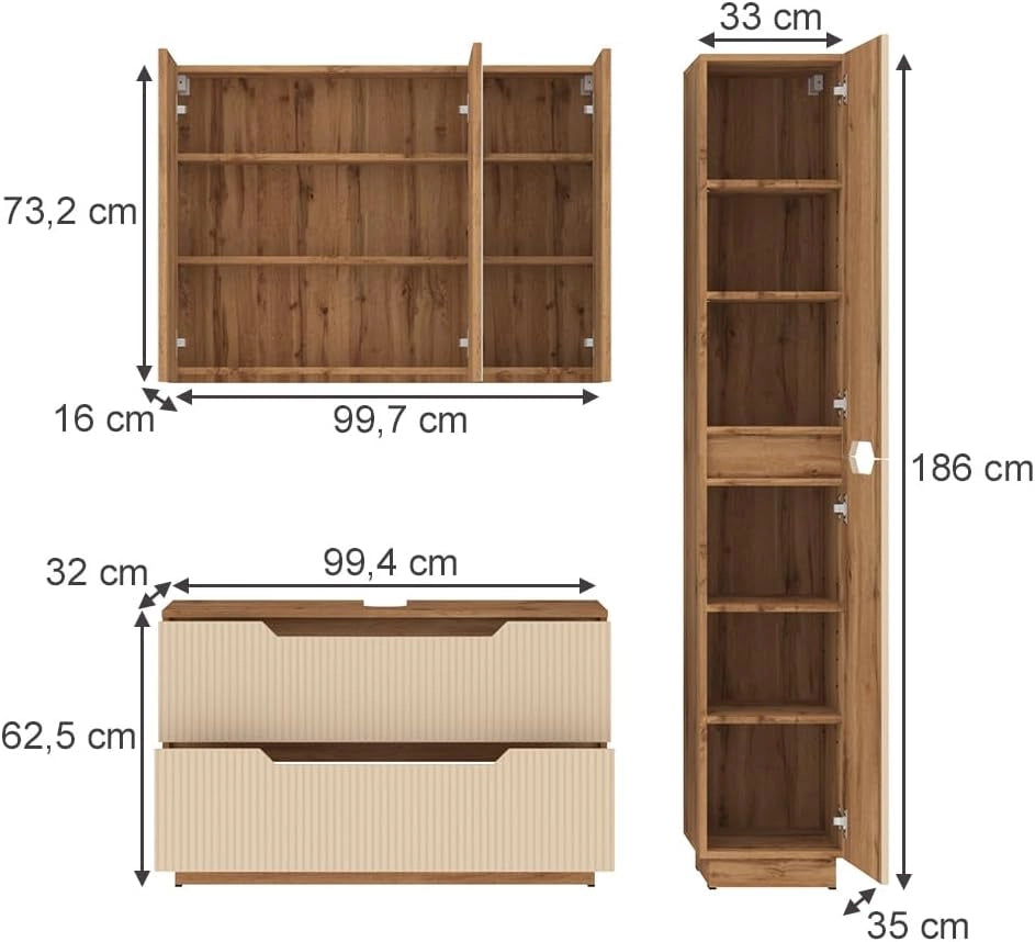 Set di mobili da bagno Lotta, Rovere/cashmere a righe, 3 parti