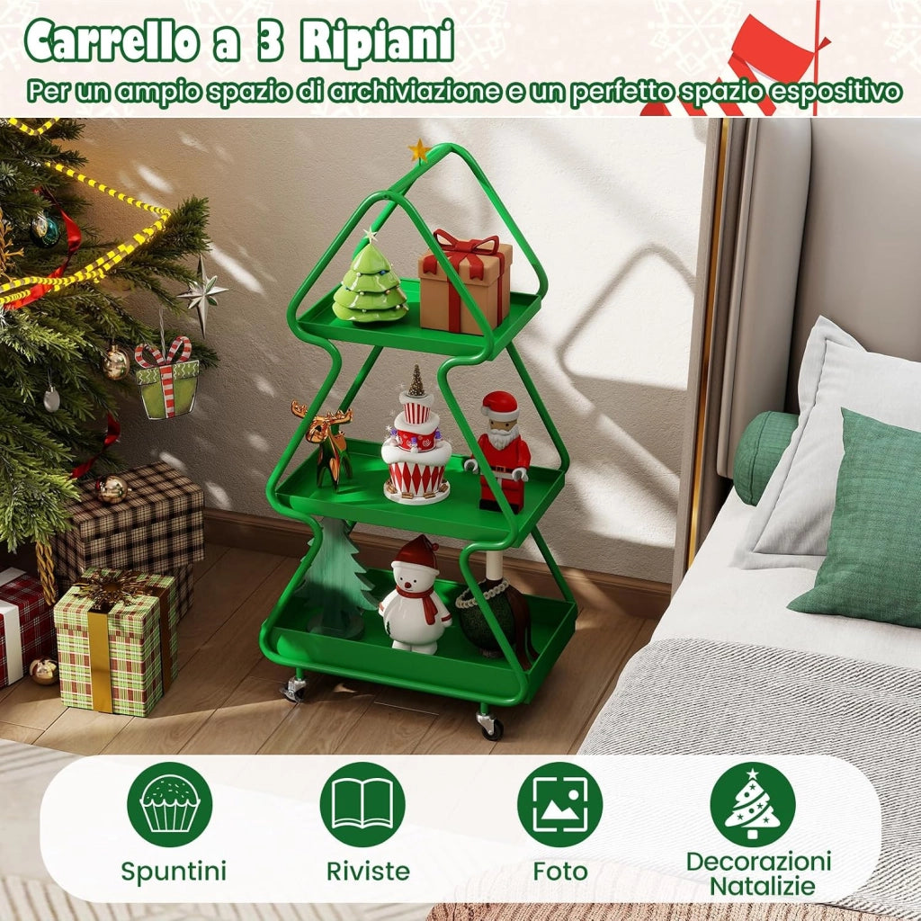Carrello Natalizio Girevole a 3 Livelli, Carrello Porta Albero di Natale con Stella in Alto, Struttura Metallica con Ruote, per Soggiorno e Camera da Letto