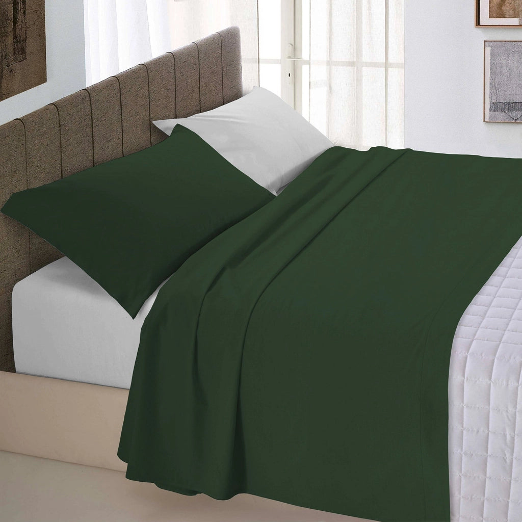 Set Lenzuola Matrimoniale Sopra Sotto e Federe Double Face Verde Oliva/Grigio Chiaro