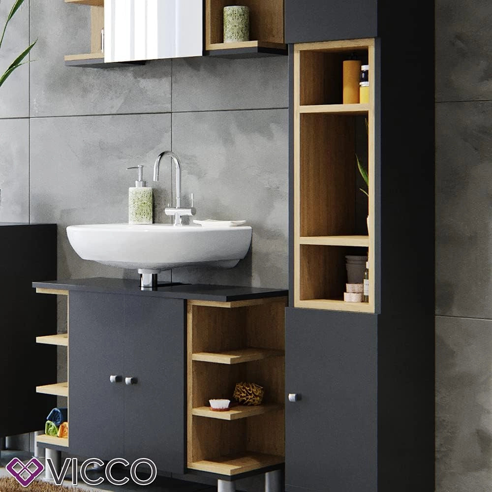 Set mobili bagno Aquis, Antracite, 79.6 cm, composto da mobile sottolavabo, specchiera e colonna alta