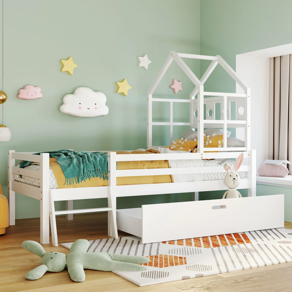 Letto a castello bianco con scala e cassetti in legno massello di pino 90x200 cm