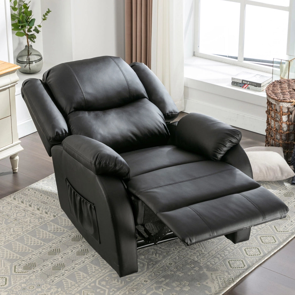 Poltrona relax reclinabile manuale in pelle pu con tasca laterale e poggiapiedi nero 80 × 90 × 100 cm