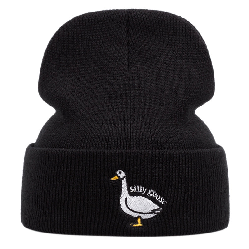 Cappelli invernali caldi lavorati a maglia con ricamo Silly Goose, colore nero.