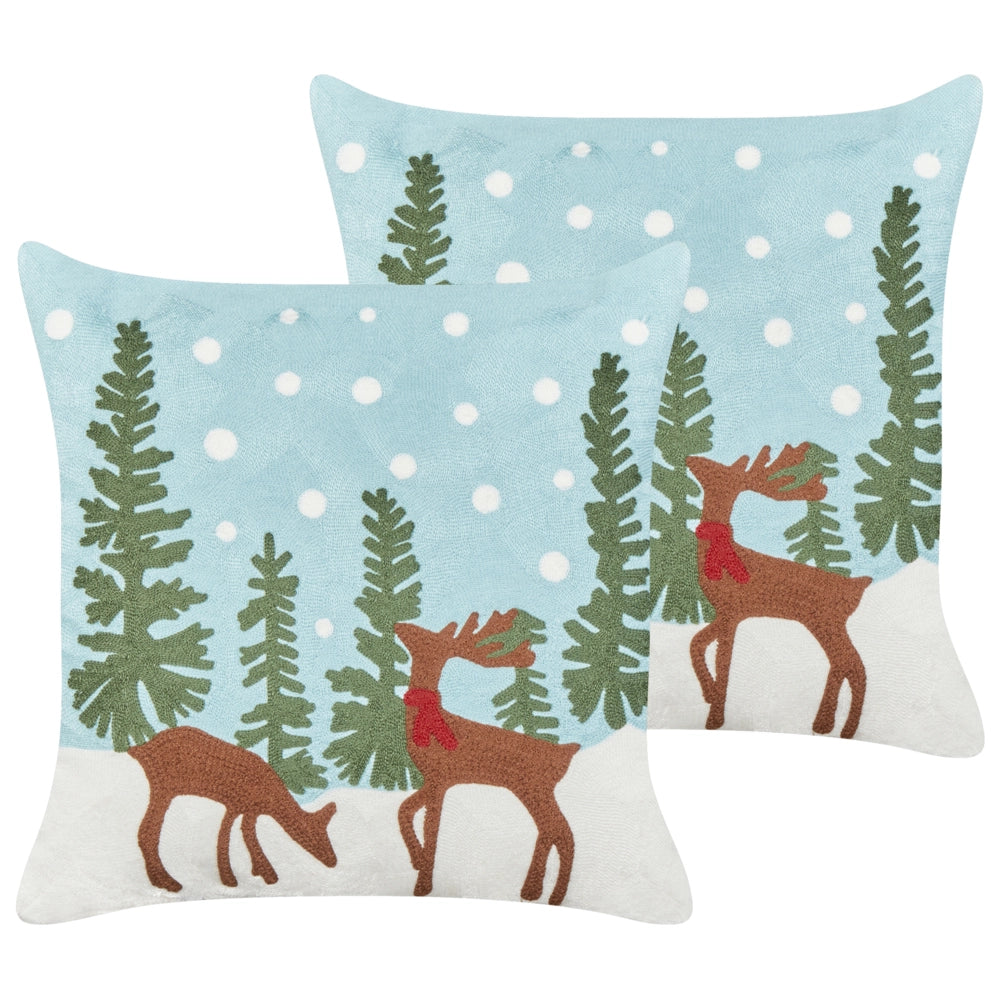 Set di 2 cuscini sparsi Tessuto di cotone azzurro Motivo natalizio Cervo 45 x 45 cm Decorazione Accessorio