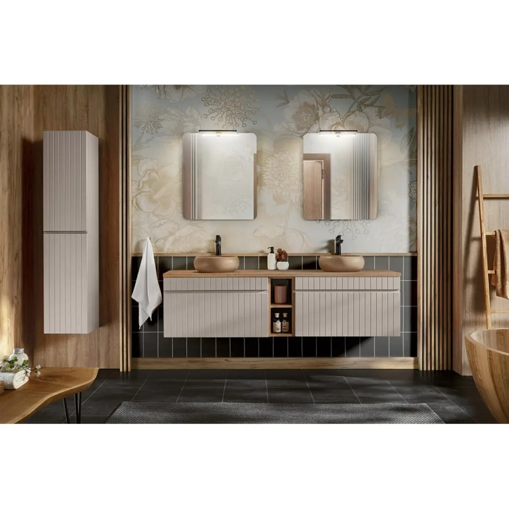 Set ICON: mobile sottolavabo 180cm con nicchie visibili + 2 lavabi rotondi da appoggio + 2 specchi + 2 lampade LED + colonna