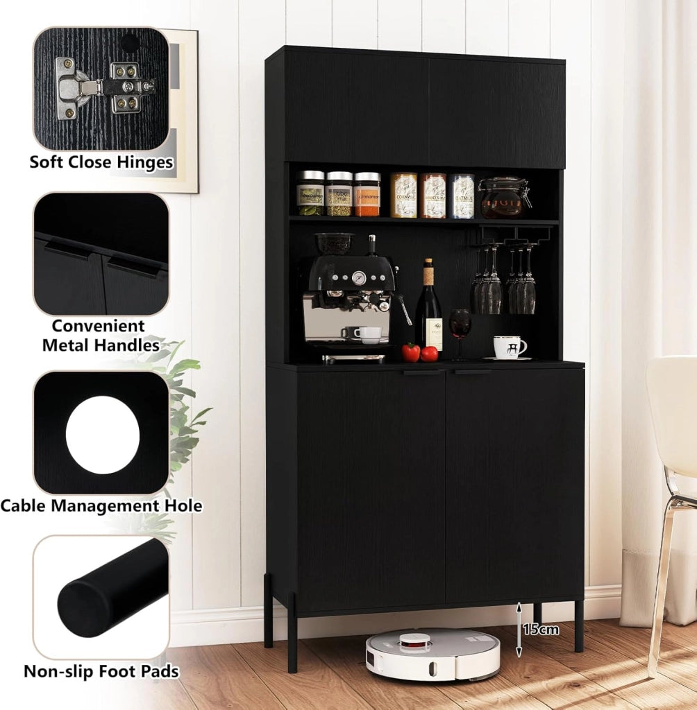 Armadio da cucina con piano di lavoro, armadietto a buffet con stazione di ricarica, buffet da cucina con porta bicchieri da vino e scaffale regolabile, multiuso, 80 x 40 x 164 cm
