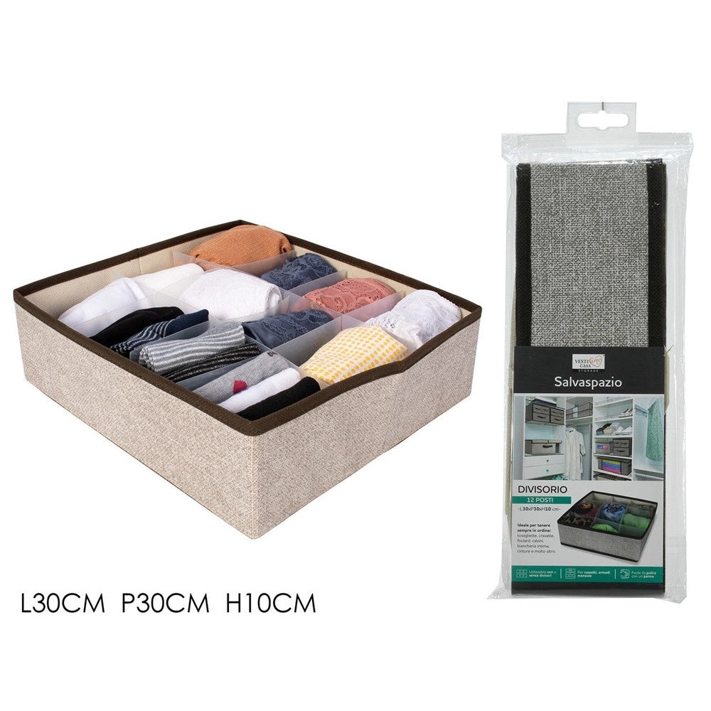 Trade Shop - Organizer Scatola Portaoggetti Divisorio Con 12 Scomparti In Tessuto Salvaspazio 30x30x10cm -