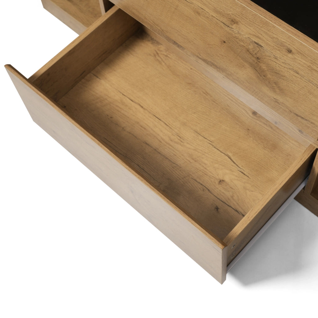 Credenza 140x40x70 cm con 2 cassetti; 2 ante e vano aperto in legno; vetro e metallo rovere chiaro