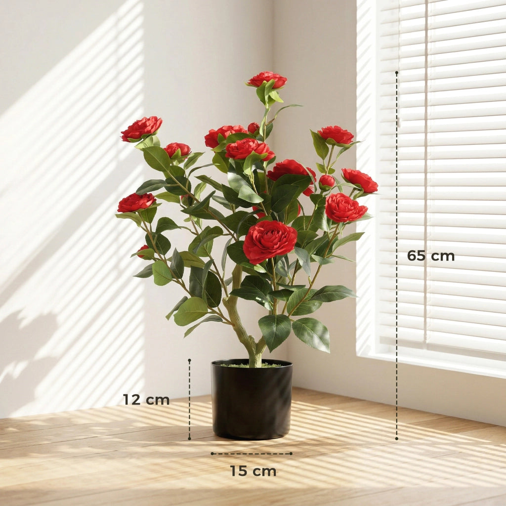 Pianta Artificiale Camelia ¨C Zephmum ¨C 65 cm Rosso con Fiori di Seta
