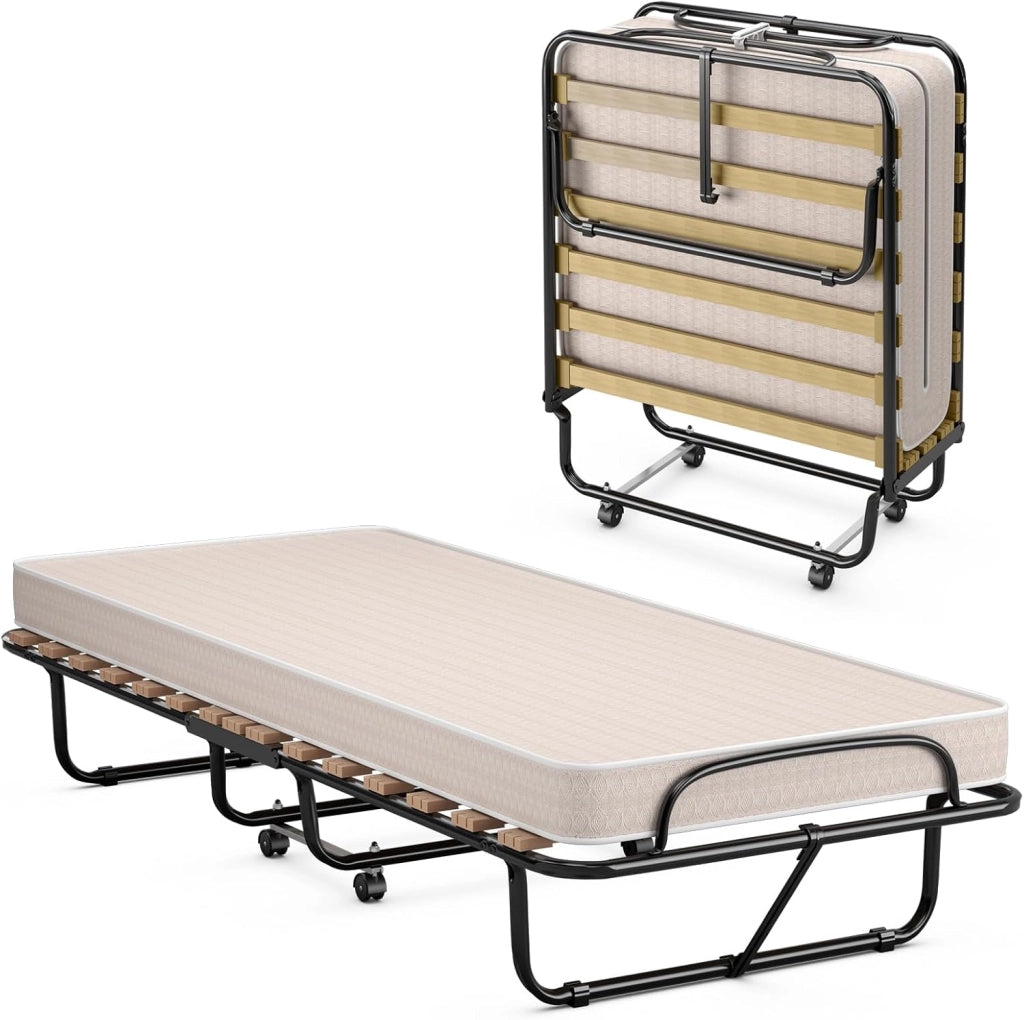 Brandina Pieghevole con Materasso, in Memory Foam, Struttura Resistente e 4 Ruote Girevoli, Lettino Pieghevole per Casa Ufficio, 190x80x38 cm (Grigio)