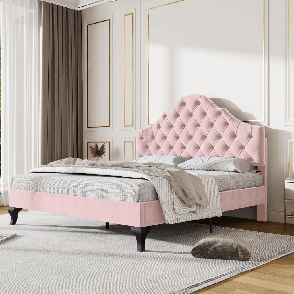Letto matrimoniale imbottito 140 x 200 cm in velluto rosa con testiera regolabile e rete inclusa