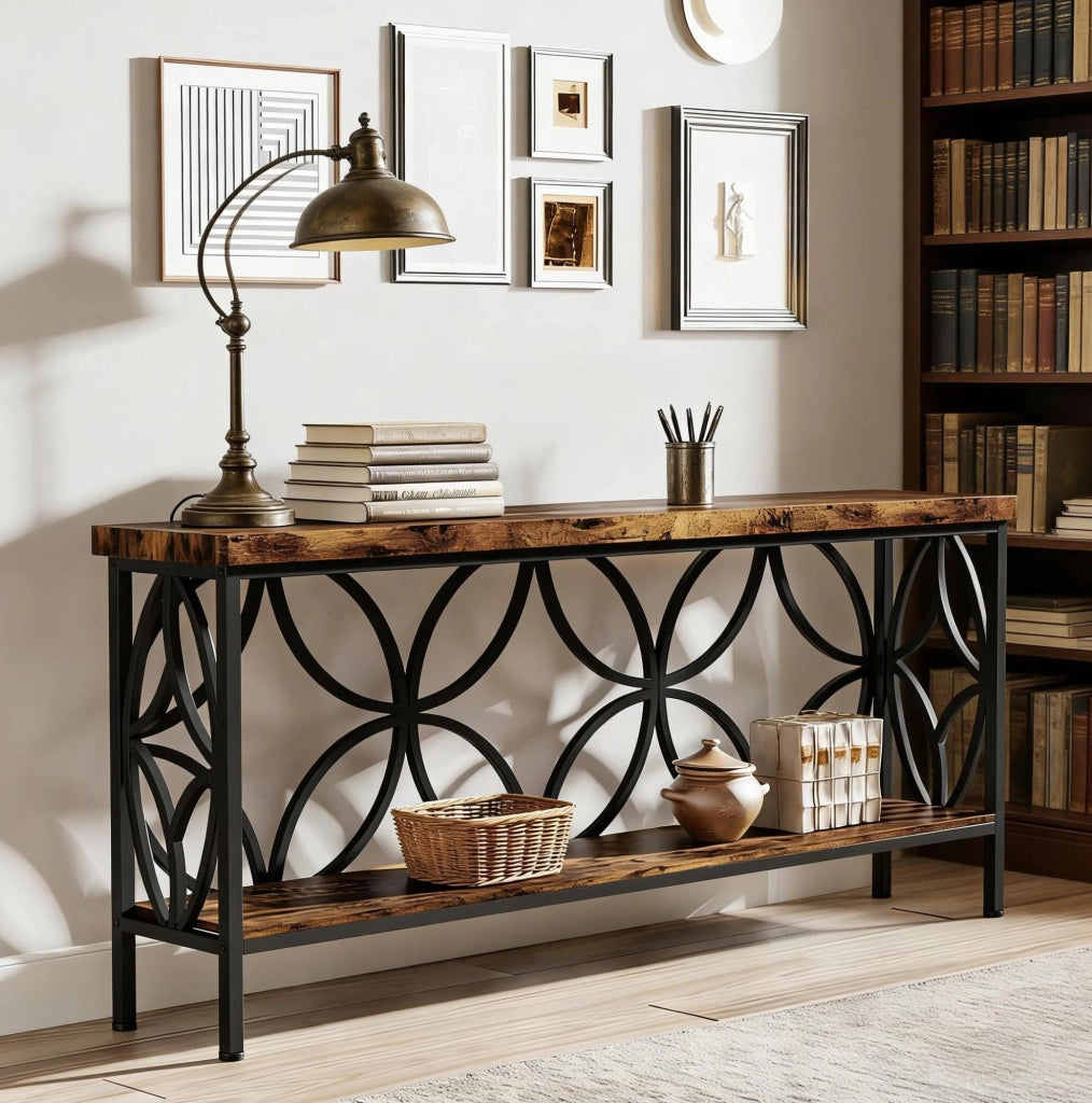 Tavolo consolle industriale con ripiani aperti 160x29;5x80 cm nero e marrone rustico