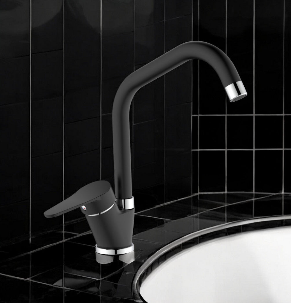 Miscelatore per cucina in ottone finitura granito nero, canna a ponte