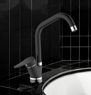 Miscelatore per cucina in ottone finitura granito nero, canna a ponte