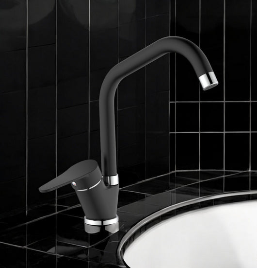 Miscelatore per cucina in ottone finitura granito nero, canna a ponte